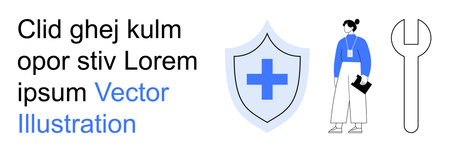 Healthcare, cybersecurity, repair services, work tools, safety measures, professional assistance. Central shield with cross, person holding clipboard and wrench. Healthcare and cybersecurityのイラスト素材