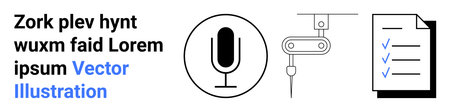Communication tools, manufacturing systems, task management, production quality, technology processes, industrial settings. Microphone symbol, robotic arm, and checklist with checkmarksのイラスト素材