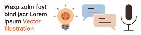 Communication, creativity, brainstorming, podcasting, dialogue, innovation. A light bulb, two speech bubbles and a microphone are . Communication and creativity conceptsのイラスト素材