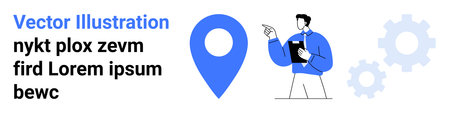 Business guidance, data analysis, navigation tools, user engagement, professional solutions, digital tools. Blue location pin and figure holding a clipboard. Business guidance and data analysisのイラスト素材