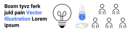 Business strategy, innovation, teamwork, investment growth, human resources, productivity. Graphic elements include a light bulb, coins a hand and group figures. Innovation and investment growthのイラスト素材