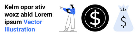 Woman holding a tablet, pointing forward near a black dollar coin and light gray money bag. Ideal for finance, business, investments, savings, economic planning, consultancy, simple landing pageのイラスト素材