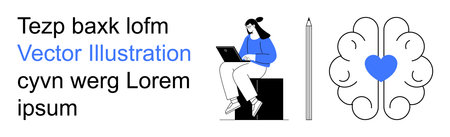 Education, creativity, mental health, learning, design, digital workspace. Woman working on a laptop, brain-heart connection pencil nearby. Education and creativityのイラスト素材
