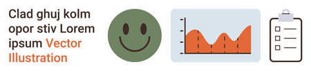 Data visualization, performance tracking, business analysis, infographics, productivity tools, documentation. happy face next to bar chart and clipboard icon. Data visualization and performanceのイラスト素材