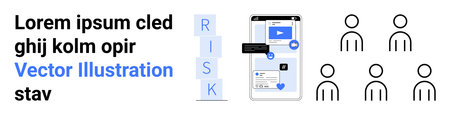 Risk analysis, communication, teamwork, mobile technology, business strategies, online management. A phone showing a risk interface and a group of people icons. Risk analysis and communicationのイラスト素材