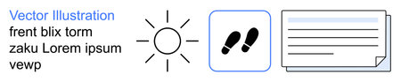 Education, travel, navigation, data organization, infographics, conceptual designs. Minimal sun, footprints and document symbols. Education and travel concepts through symbolic visualsのイラスト素材