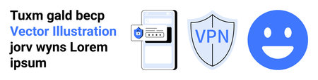 Online privacy, digital security, VPN usage, two-factor authentication, data encryption, internet safety. Phone with login alert, shield with VPN text happy face icon. Online privacy and digitalのイラスト素材