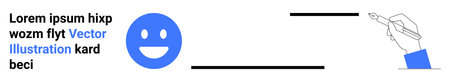 Communication, graphic design, writing, creativity, emotions, content creation. Blue happy face, text and hand with pen. Communication and creativity as primaryのイラスト素材