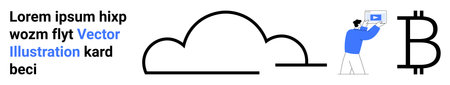 Minimalist design with a cloud icon, a user interacting with a computer, and a Bitcoin . Ideal for technology, blockchain, cryptocurrency, cloud services, financial tech, digital transformationのイラスト素材