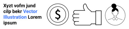 Business, finance, approval, transactions, communication, identity. Dollar sign, thumbs-up gesture and female profile symbols. Business and finance concepts illustrated with bold minimalist outlinesのイラスト素材
