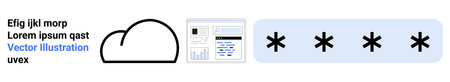 Cloud security, data encryption, online protection, cybersecurity, data authentication, password management. Includes a cloud icon, document interface and password asterisks. Cloud security and dataのイラスト素材