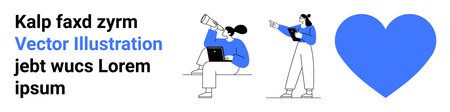 Two people collaborating, one observing through a telescope, the other holding a tablet with a large heart icon nearby. Ideal for teamwork, creativity, exploration, collaboration, technologyのイラスト素材