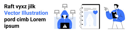 Cybersecurity, medical health records, telehealth services, online safety, remote collaboration, data management. Hooded figure at a laptop, tablet with health visuals, and person pointing atのイラスト素材