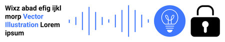 Communication, innovation, cybersecurity, data protection, conceptual creativity, secure ideas. Minimal design with soundwave, lightbulb and lock icons. Communication and innovation in minimal iconsのイラスト素材