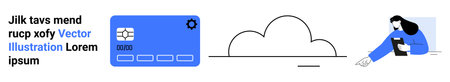 Data security, cloud storage, online payments, remote work, technology, digital transactions. A credit card, cloud icon and person using a smartphone. Data security and cloud storage conceptのイラスト素材