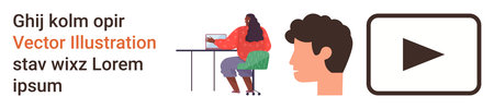 Online education, teamwork, remote interaction, digital media, knowledge sharing, video tutorials. Woman at a desk and a side profile of a face next to a play button. Digital media and onlineのイラスト素材