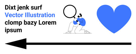 Research, direction, analysis, love, navigation, exploration. A man kneeling with a magnifying glass, a blue heart and a long arrow. Research and direction conceptual elementsのイラスト素材