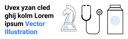 Strategic planning, healthcare solutions, product design, medical tools, decision-making, pharmacy concept. Chess knight, stethoscope and bottle icons in minimal design. Strategy planningのイラスト素材
