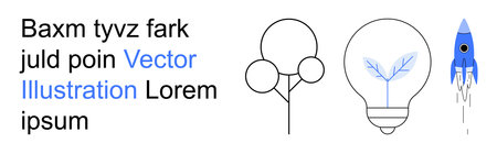 Eco-friendliness, innovation, technology, sustainability, creativity, growth. A minimalist tree, bulb with leaf and rocketship on a white background. Eco-friendliness and innovation conceptのイラスト素材