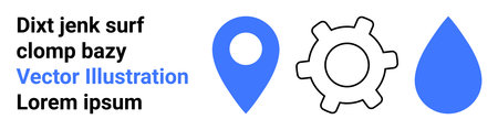 Navigation, technology, industry, environment, symbols, business tools. Blue location pin, gear water drop on white background. Navigation and technology conceptsのイラスト素材