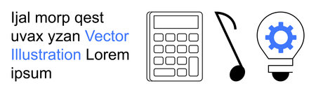 Education, creativity, technology, problem-solving, music, innovation. Calculator, musical note and lightbulb with embedded gear. Creativity and innovation concepts for diverse ideas and solutionsのイラスト素材