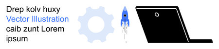 Startup innovation, technology business, digital tools, project management, creative solutions, teamwork. Blue rocket launching near a laptop and gear. Startup innovation and technology businessのイラスト素材