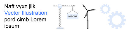 Renewable energy, industrial development, engineering, import process, sustainability, technological innovation. Wind turbine, crane importing goods and gear icons. Renewable energy and industrialのイラスト素材