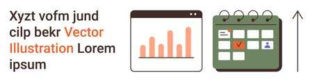 Data management, analytics, business planning, time management, scheduling, productivity tools. Includes a chart, calendar with checklist and upward arrow. Focus on data management and analyticsのイラスト素材