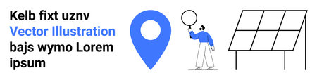 Blue location pin, person holding magnifying glass, solar panel. Ideal for exploration, navigation, research, renewable energy concepts, eco-technology, geography simple landing pageのイラスト素材