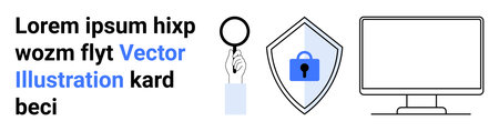 Cybersecurity, data protection, online safety, privacy, digital security, internet monitoring. Visual elements include shield with lock, magnifying glass desktop screen. Cybersecurity and dataのイラスト素材