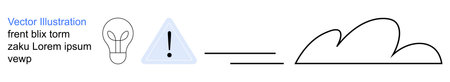 Creativity, cautionary advice, innovation transfer, brainstorming, problem-solving, ideas transformation. Light bulb, warning icon connected to abstract cloud. Creativity and cautionary adviceのイラスト素材