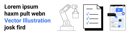 Automation, digital tools, productivity, organization, business communication, technology integration. Robot arm, checklist smartphone with interface. Automation and digital tools conceptのイラスト素材