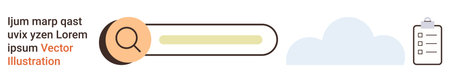 Search engines, research, online tools, data organization, cloud storage, education support. A search bar with a magnifying glass, cloud and clipboard icon. Search engines and research conceptsのイラスト素材