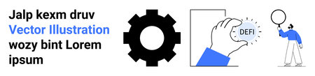 Gear wheel, hand holding DEFI crystal, and individual with balloon representing innovation, finance,...