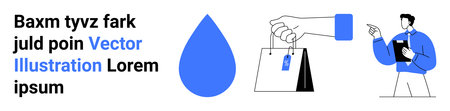 Online shopping, retail services, e-commerce navigation, customer support, consultancy, digital sales. A shopping bag with a tag, a water droplet and a man pointing. E-commerce and retail servicesのイラスト素材