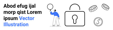 Person holding magnifying glass near lock emphasizes security, data analysis, finance symbols with coins. Ideal for digital security, data insights, payment platforms, safety tools, e-commerceのイラスト素材