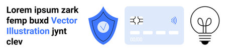 Online payments, digital security, data protection, innovative solutions, contactless transactions, financial tech. Shield and credit card with light bulb. Digital security and online paymentsのイラスト素材