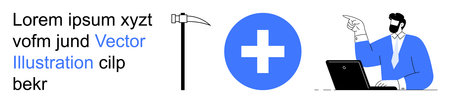 Healthcare, mortality, online services, decision-making, medical education, communication. Scythe icon, cross symbol person pointing at a laptop. Healthcare and mortality visuallyのイラスト素材