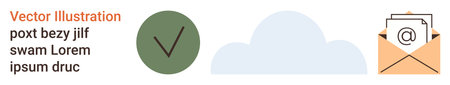 Data storage, email communication, file management, validation processes, workflow automation, and secure networking. A green checkmark, cloud and email envelope icon. Validation and data storageのイラスト素材