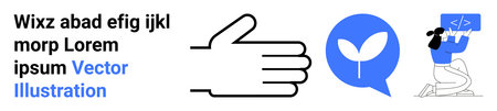 Communication, technology, sustainability, digital learning, teamwork, software development. A hand...
