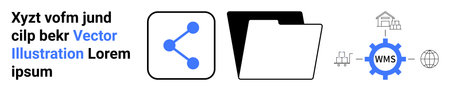 Collaboration, file sharing, data organization, logistics management, network systems, technology. Symbols include a sharing icon, folder and WMS gear. Collaboration and file sharing conceptのイラスト素材