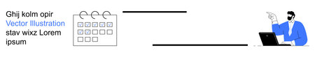 Project planning, task scheduling, productivity, teamwork, office organization, decision-making. A professional points while working on a laptop next to a calendar. Project planning and taskのイラスト素材