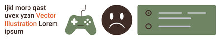 Gaming frustration, online criticism, bad reviews, UX design, interface issues, emotional response. Game controller, sad face and text box. Gaming frustration and bad reviews conceptのイラスト素材