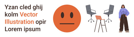 Business communication, office design, workplace collaboration, mood concepts, minimalism, casual attire. Orange face icon, office chairs with desk casually dressed woman. Business communicationのイラスト素材