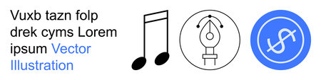Graphic design, music, creativity, financial planning, multimedia, branding. Musical notes, pen tool symbol dollar sign in circle. Creativity and financial planning conceptのイラスト素材