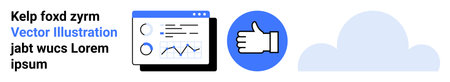 Data management, cloud storage, social networking, analytics, business trends, web services. A screen with graphs, a thumbs-up and a cloud icon. Data management and cloud storage ideasのイラスト素材