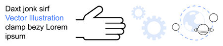 Teamwork, innovation, global cooperation, technological integration, science, abstract symbolism. Hand gesture with gears and planetary visuals. Teamwork and innovation conceptual ionのイラスト素材