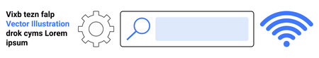 Technology tools, internet search, connectivity, optimization, navigation, online research. A gear icon, magnifying glass wireless signal and textbox. Technology tools and online research conceptsのイラスト素材