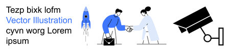 Innovation, technology, business partnerships, surveillance, teamwork, space exploration. Rocket launching, handshake between two people surveillance camera. Business partnerships and innovationのイラスト素材