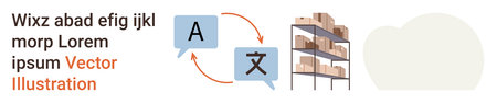 Language localization, digital communication, translation services, cloud storage, logistics, e-commerce. Speech bubbles with text, warehouse shelves cloud. Language localization and logisticsのイラスト素材